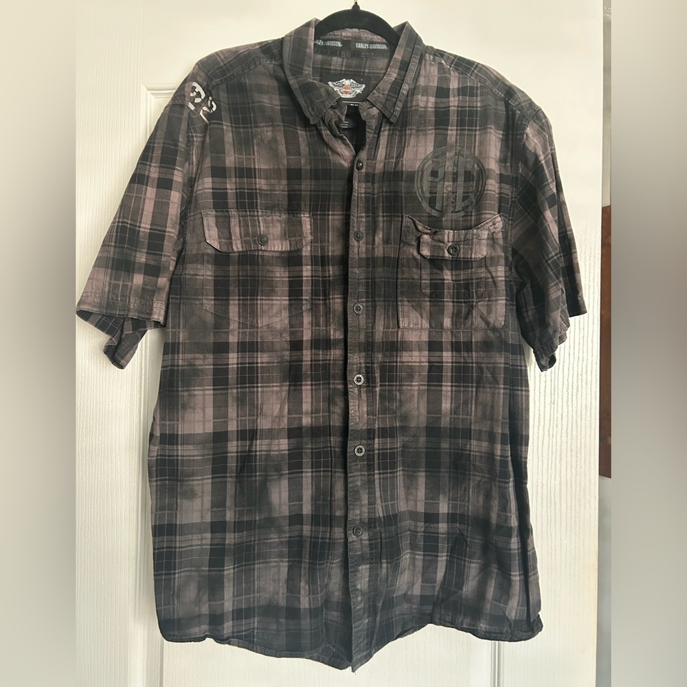 Harley-Davidson Black and Gray Plaid Button Down Shirt